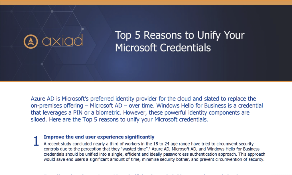 Snapshot of the Top 5 Reasons to Unify Your Microsoft Credentials document