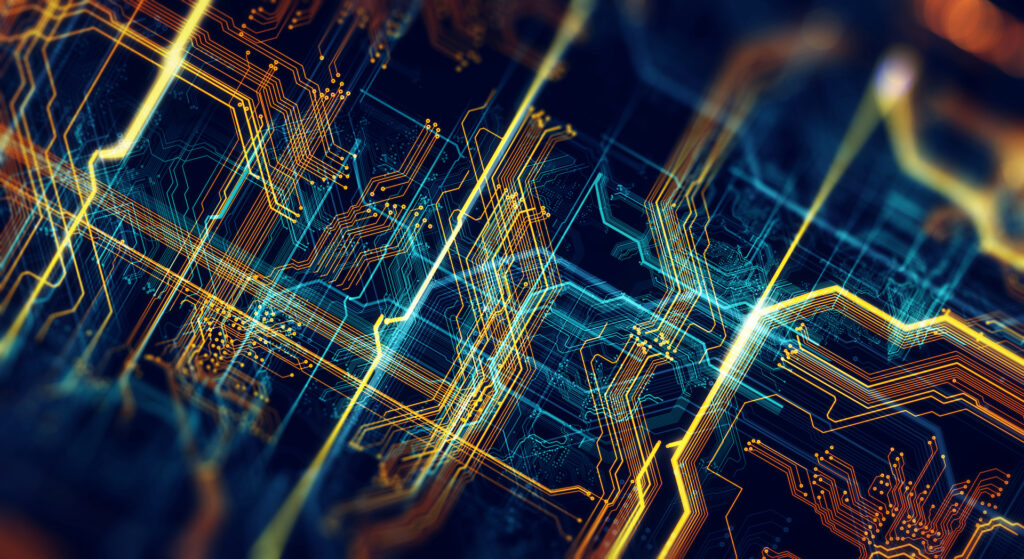 Abstract technological background made of different element printed circuit board. 3d Rendering